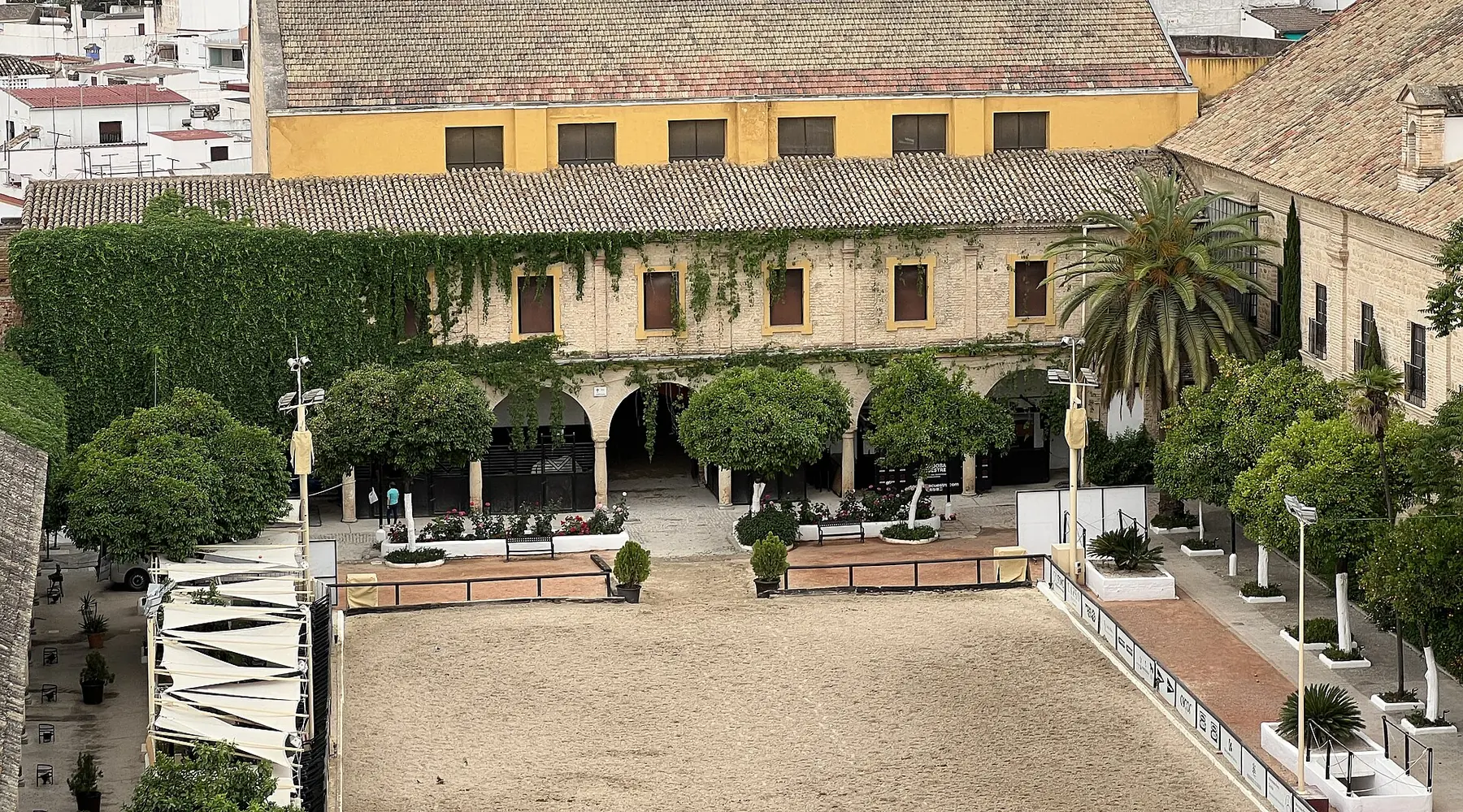 The courtyard of the Caballerizas Reales from above, with orange trees, an arcade, a sand arena and a yellow-walled stable range.