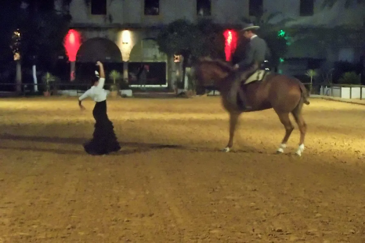 A flamenco dancer in a black dress raises one arm beside a rider on a chestnut horse on a floodlit sand arena at night, with a lit stone building behind